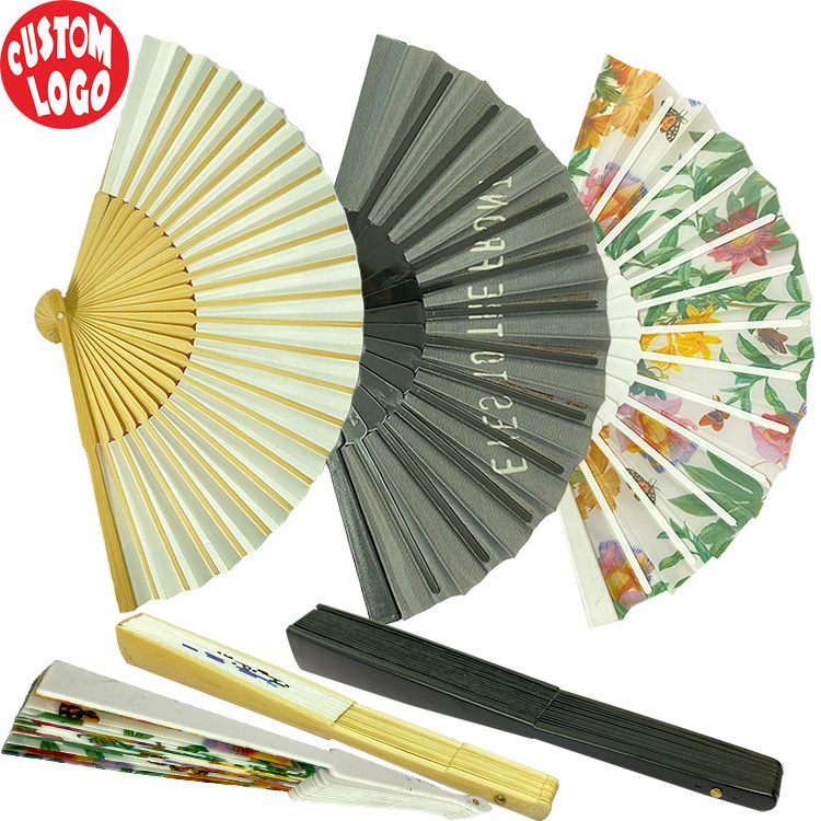 Wholesale Customized Clack  Wooden Bamboo Paper Recycled Classical Portable Hand Paper Folding Fan For Women