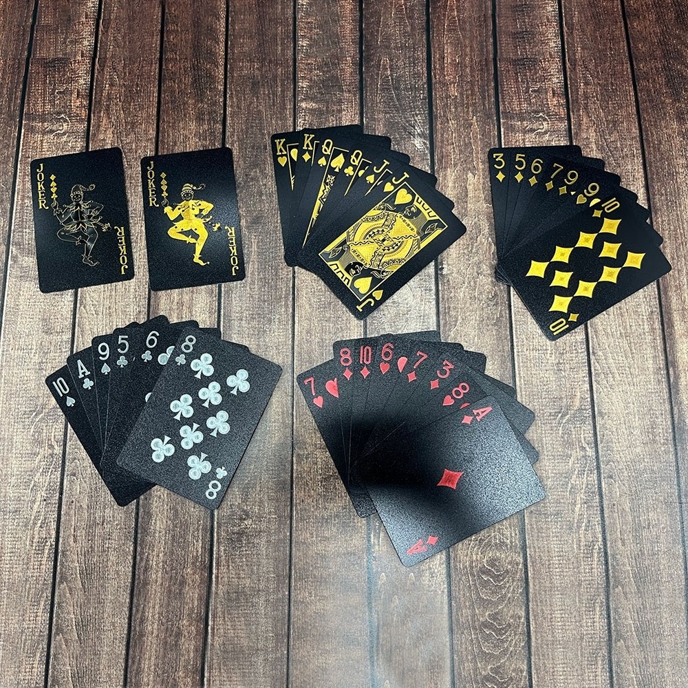 Personalized Pvc Plastic Waterproof Deck Poker Game Cards With Logo Printing Custom Gold Foil and Silver Black Playing Cards