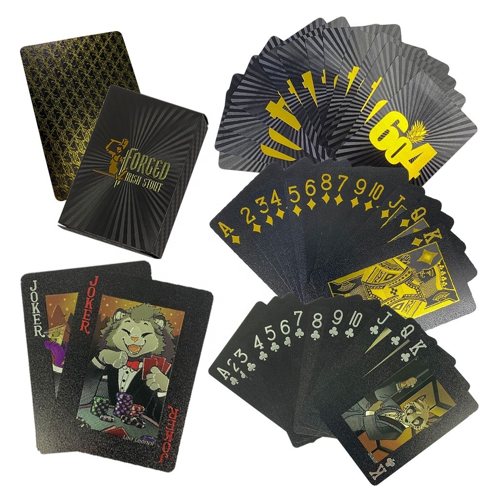 Personalized Pvc Plastic Waterproof Deck Poker Game Cards With Logo Printing Custom Gold Foil and Silver Black Playing Cards