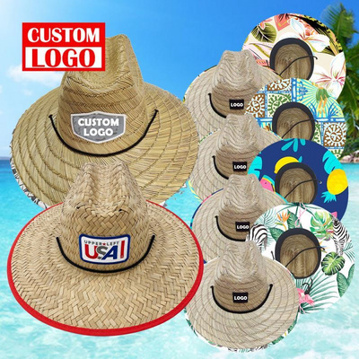 Wholesale Custom Ribbon Flat Brim Summer Wholesale Custom Wide Brim Straw Lifeguard Hat Straw Beach Sun Hat