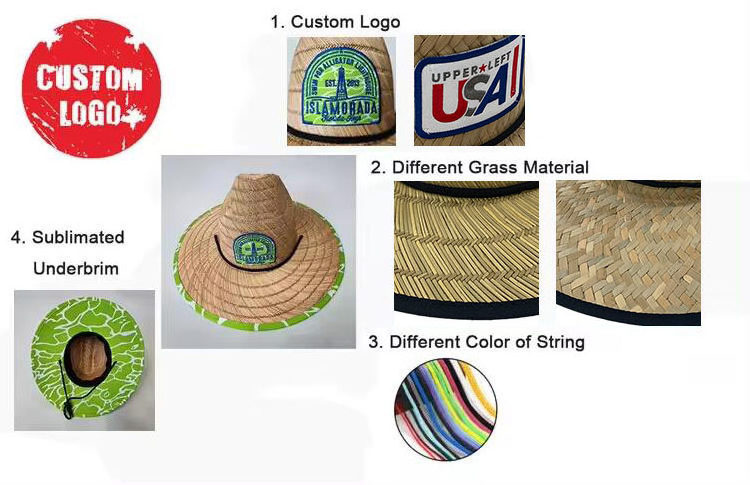 Wholesale Custom Ribbon Flat Brim Summer Wholesale Custom Wide Brim Straw Lifeguard Hat Straw Beach Sun Hat