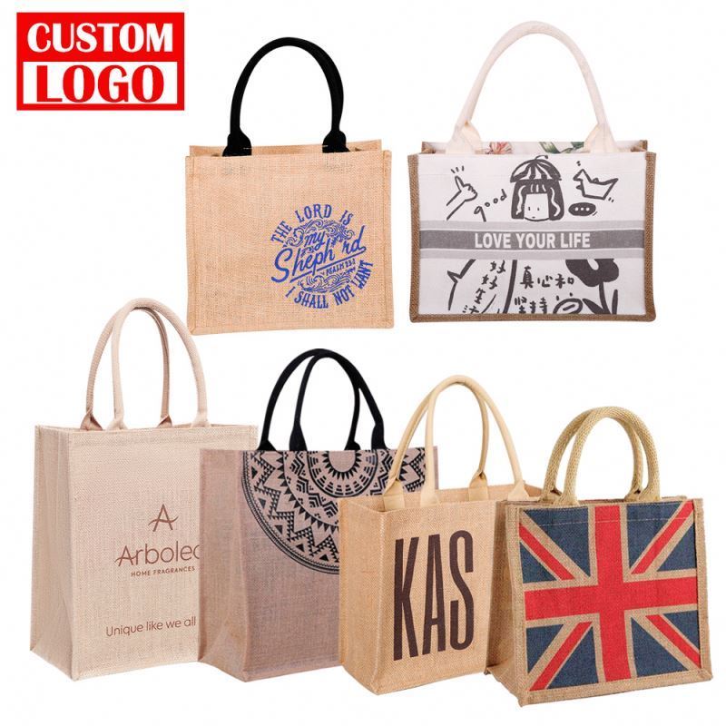 Promotional Gifts Pouch Make Up Zipper Bag Jute Customized Logo Large Print Shopping Linen Jute Bag