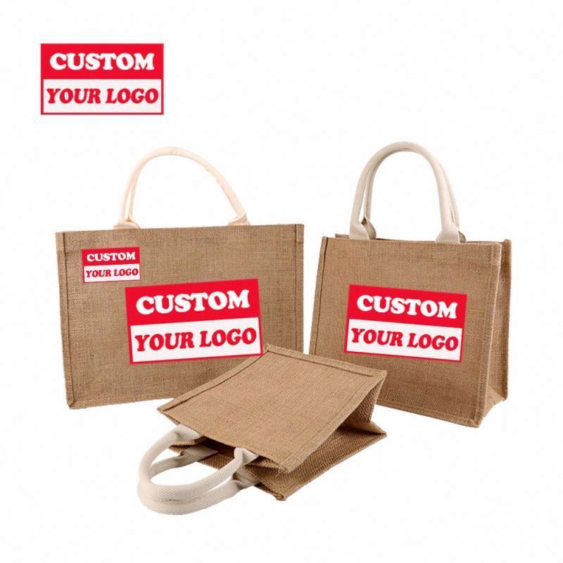 Promotional Gifts Pouch Make Up Zipper Bag Jute Customized Logo Large Print Shopping Linen Jute Bag