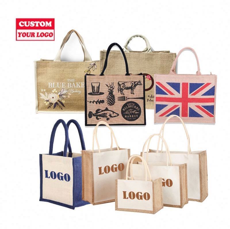 Promotional Gifts Pouch Make Up Zipper Bag Jute Customized Logo Large Print Shopping Linen Jute Bag