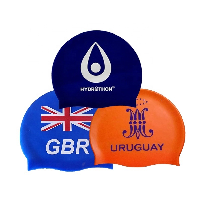 New Design Waterproof 100% Silicone Printing College Swimming Cap Silicone Swimming Cap For Adult