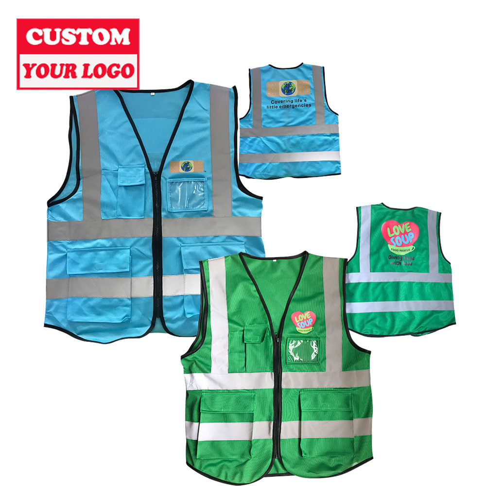 Factory Custom Logo Zipper Work High Visibility Reflective Strips Construction Traffic Vest Hi Viz Safety Vest with Pockets