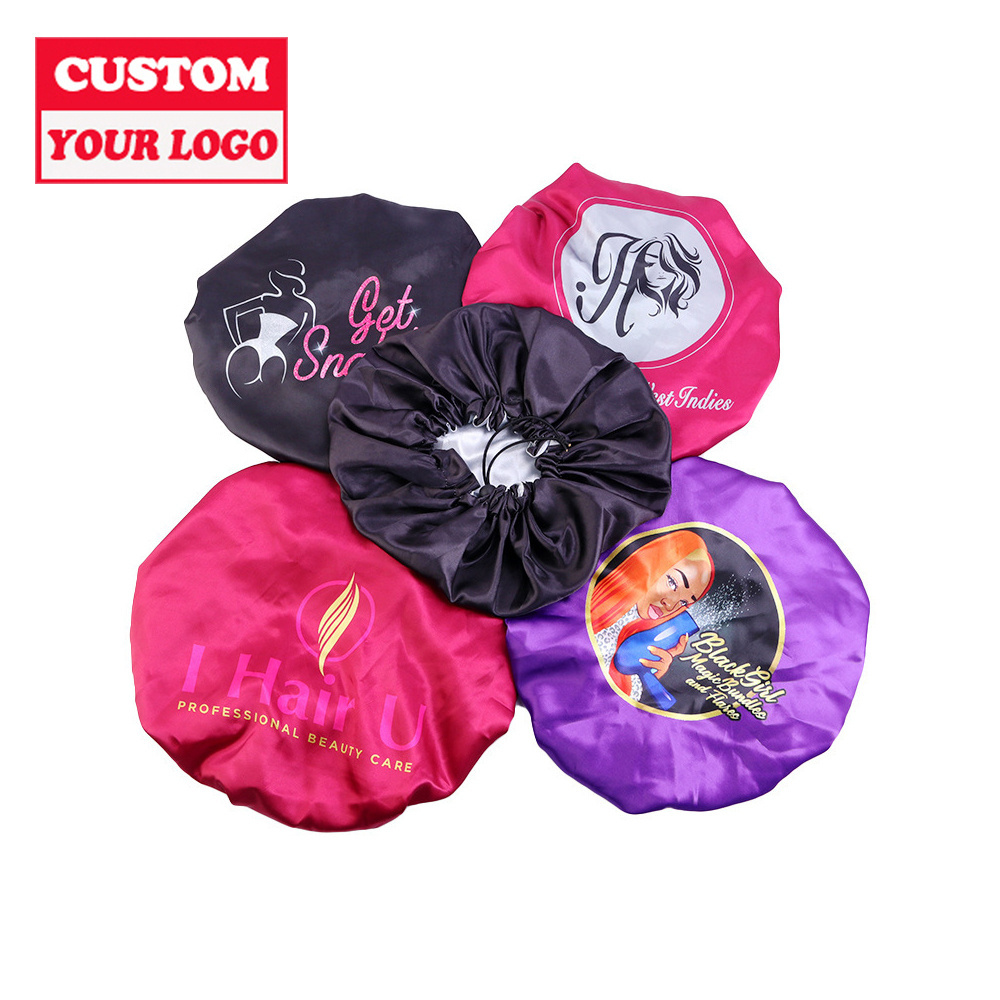 Factory Printed kids Sleeping Silky Shower Cap and Edge Band Designer Silk Bonnet With Custom Logo En Satin Wraps Hair Bonnets