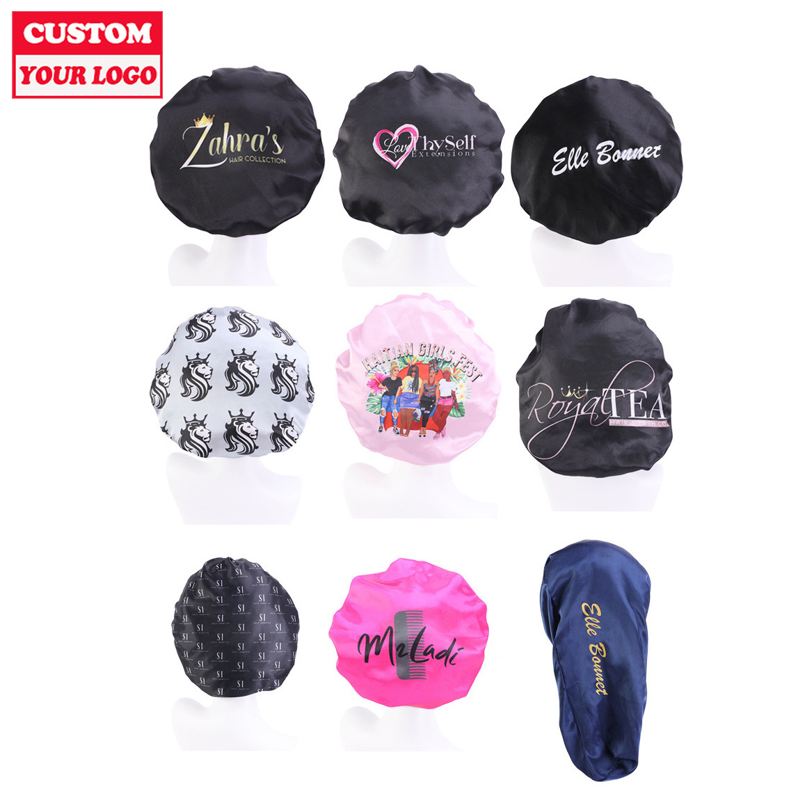 Factory Printed kids Sleeping Silky Shower Cap and Edge Band Designer Silk Bonnet With Custom Logo En Satin Wraps Hair Bonnets