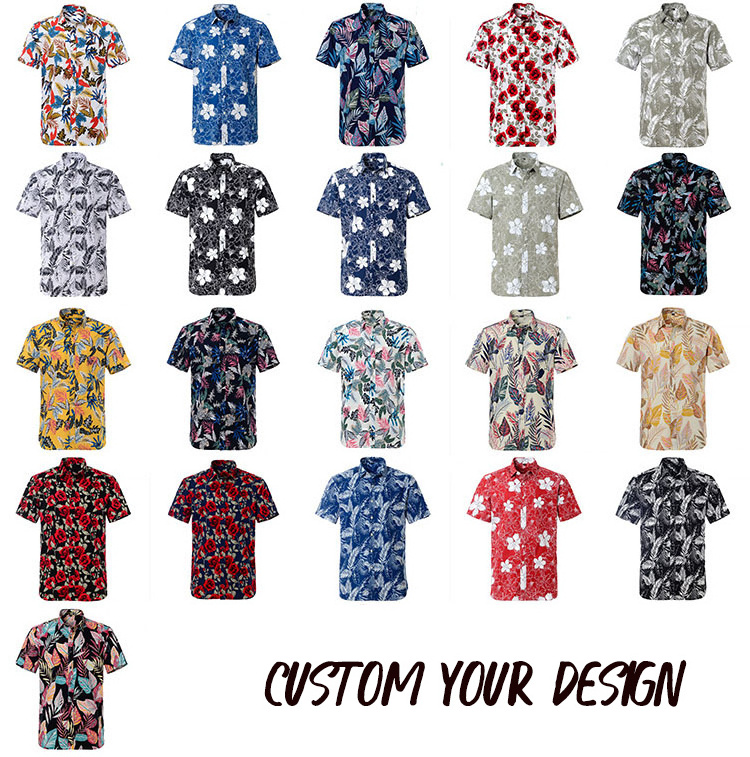 Custom Logo Design Sublimation Print Beach Wear Quick Dry Satin Polyester Button Down Collar Short Sleeves Men's Hawaiian Shirt