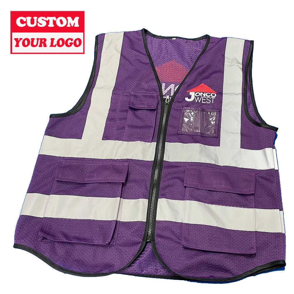 Factory Custom Logo Zipper Work High Visibility Reflective Strips Construction Traffic Vest Hi Viz Safety Vest with Pockets