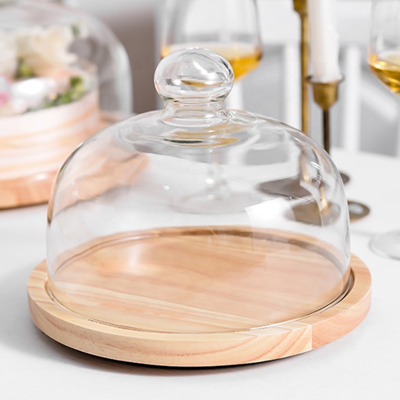 Hot Sale Kitchenware Cake Display Plate Customized Clear Large Glass Cake Dome Cover with Wood Stand