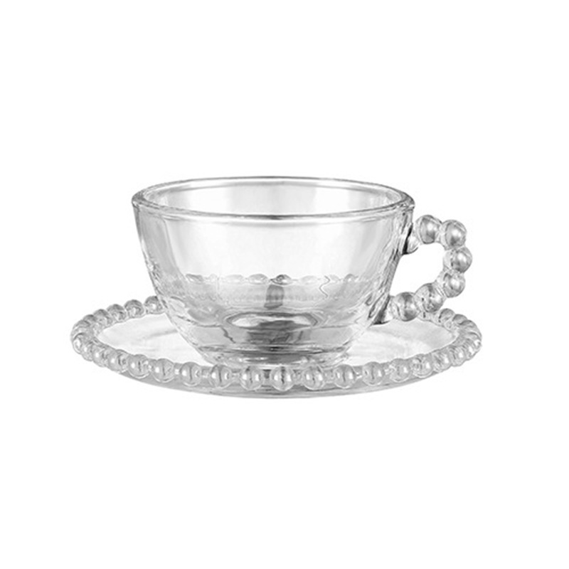 Clear Heart Plate Beaded Pearl Edge Eco Coffee Tea Cups Glass Mug & Saucers Set