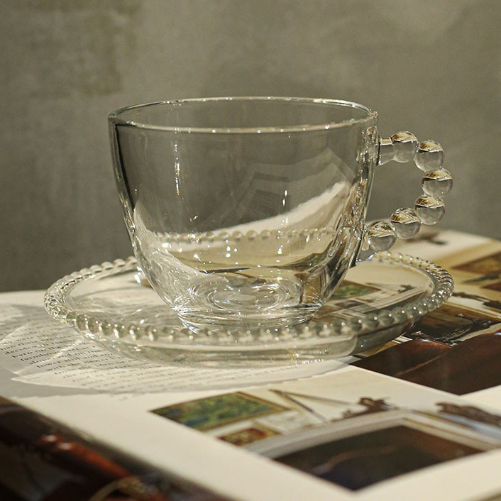 Clear Heart Plate Beaded Pearl Edge Eco Coffee Tea Cups Glass Mug & Saucers Set