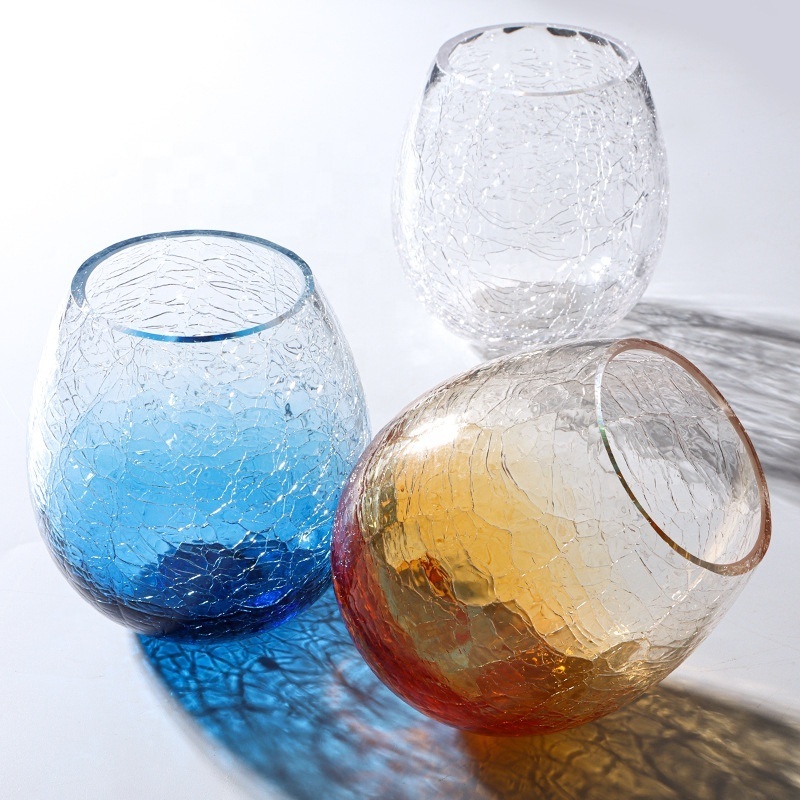 Wholesale Hand Made Crackle Egg Shape Wine Glass Oval Blue Amber Drinking Glass Tumbler