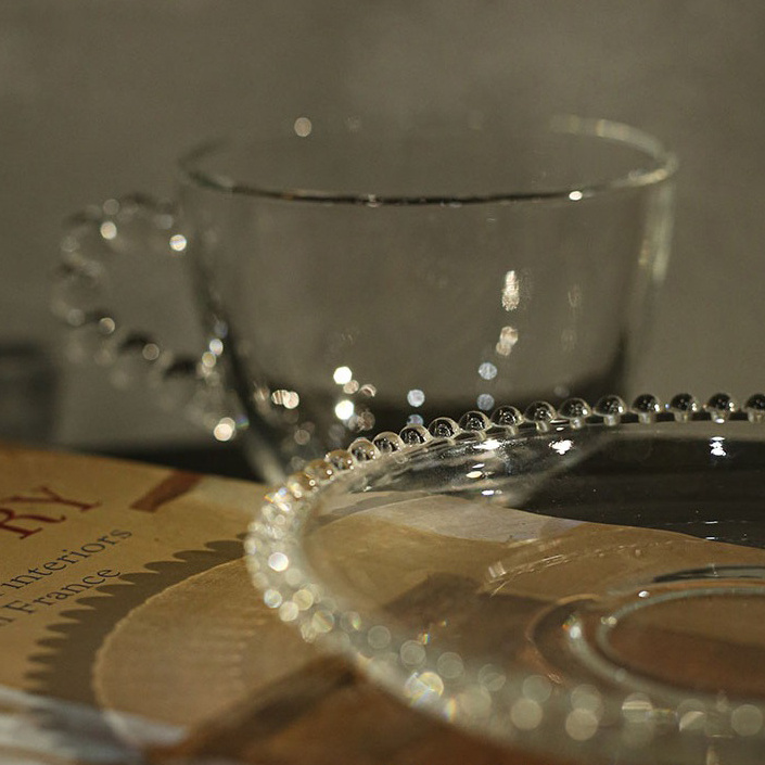 Clear Heart Plate Beaded Pearl Edge Eco Coffee Tea Cups Glass Mug & Saucers Set