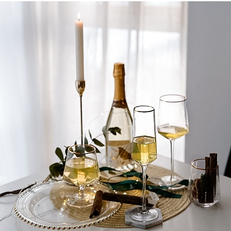 Wholesale Luxury Diamond Shape Gold Rimmed Drinking Wine Glasses