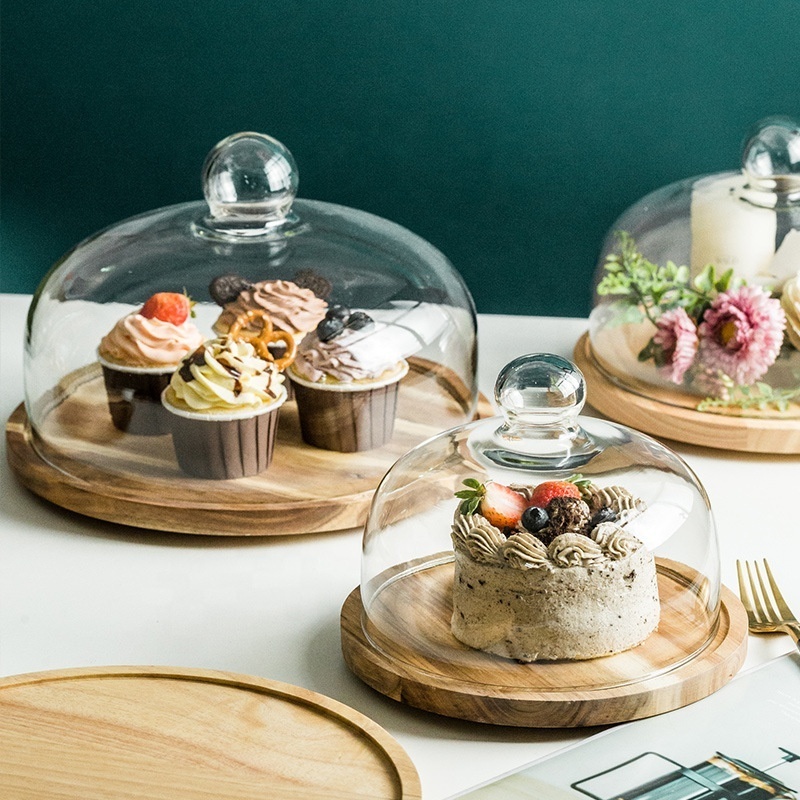 Hot Sale Kitchenware Cake Display Plate Customized Clear Large Glass Cake Dome Cover with Wood Stand