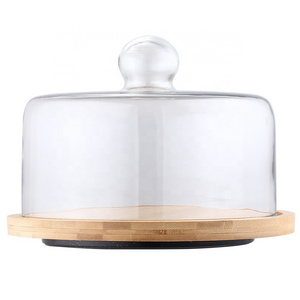 Hot Sale Kitchenware Cake Display Plate Customized Clear Large Glass Cake Dome Cover with Wood Stand