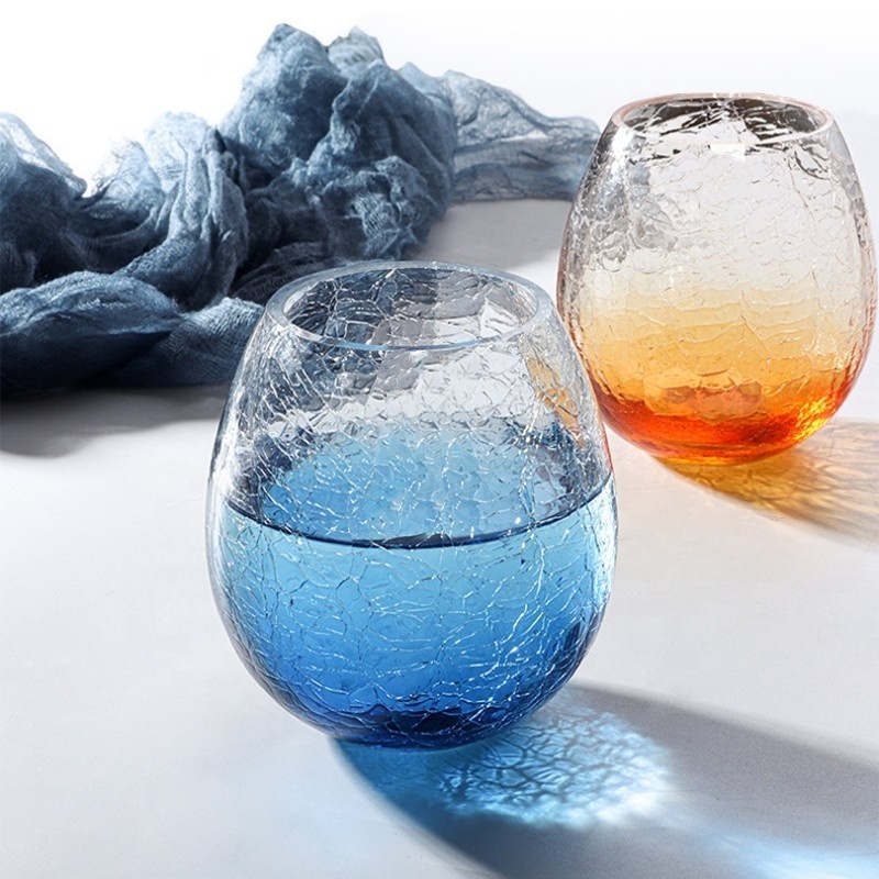 Wholesale Hand Made Crackle Egg Shape Wine Glass Oval Blue Amber Drinking Glass Tumbler