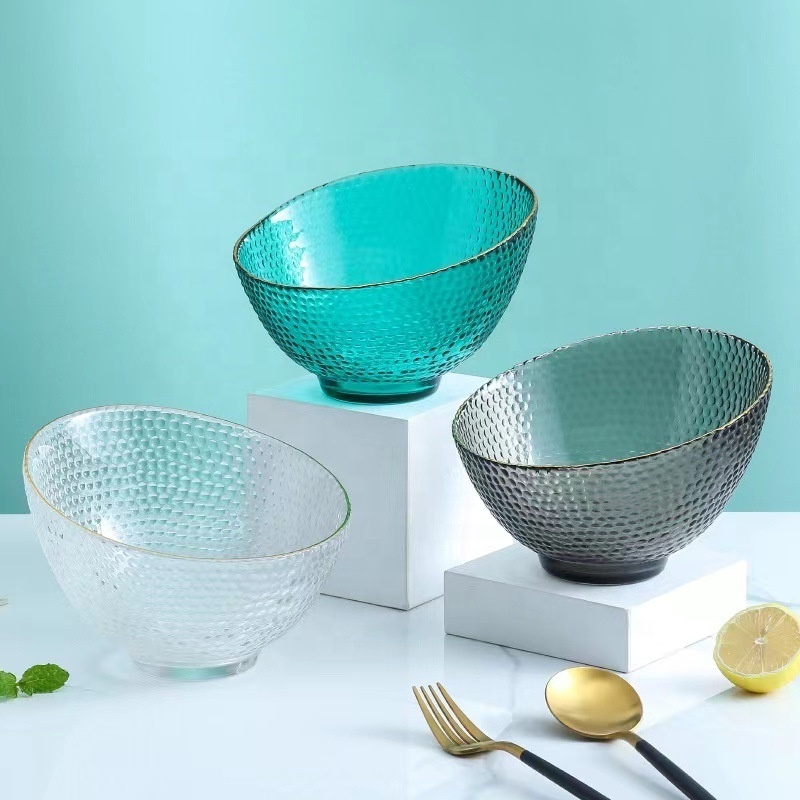 Cheap Slant Cut Fruit Glass Bowl Dots Round Serving Salad Glass Bowl With Gold Rim