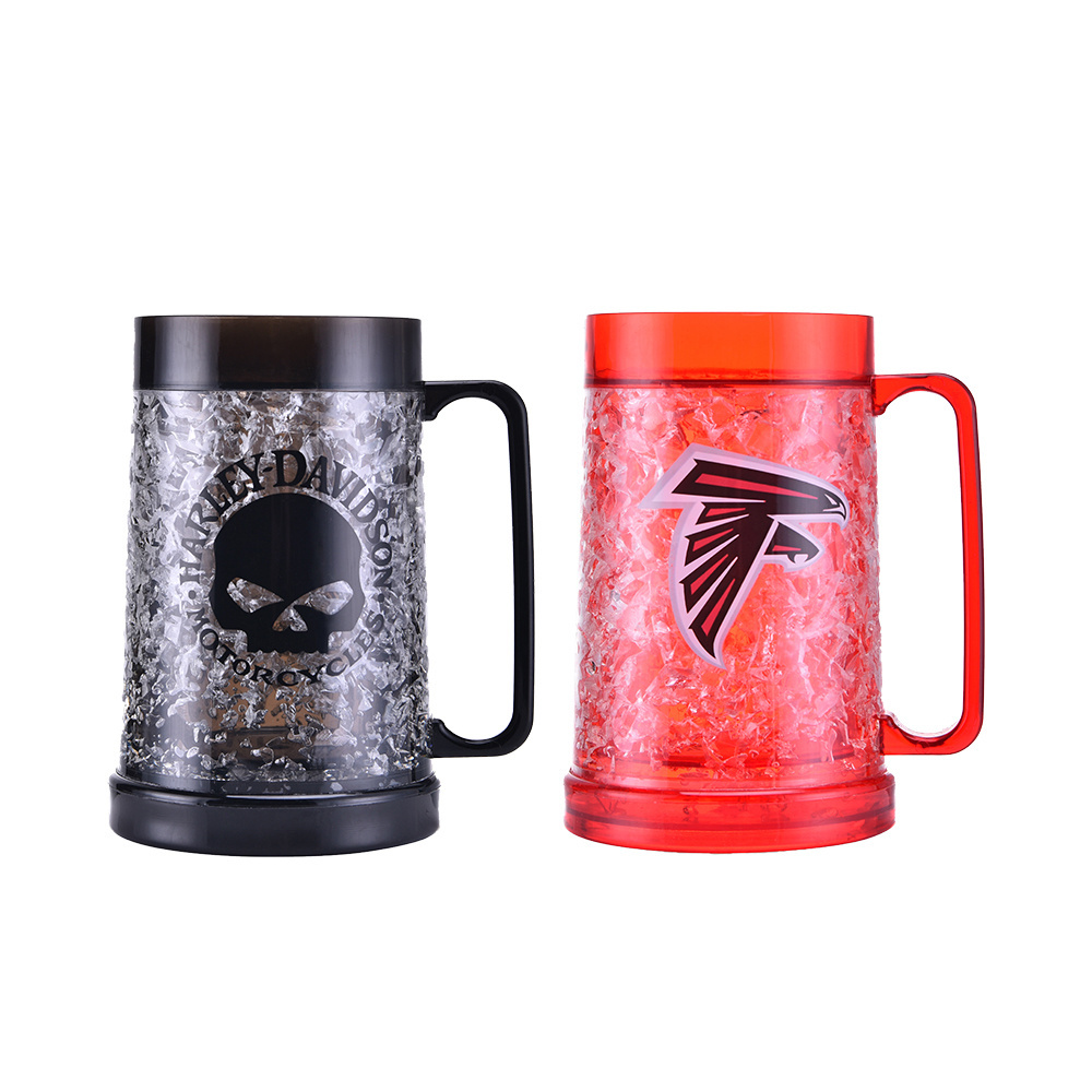 2024 Reusable promotion gift Hot selling 450ml double wall plastic freezer beer mug with iced gel foot ball souvenir cup