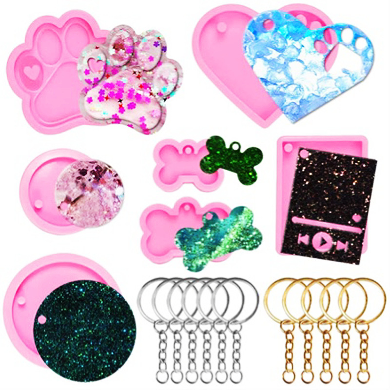 DIY Crafts Making Dog Bone Shaped Keychain Silicone Resin Molds Heart Cat Paw Mold Dog Tag Charm Resin Molds For Keychains