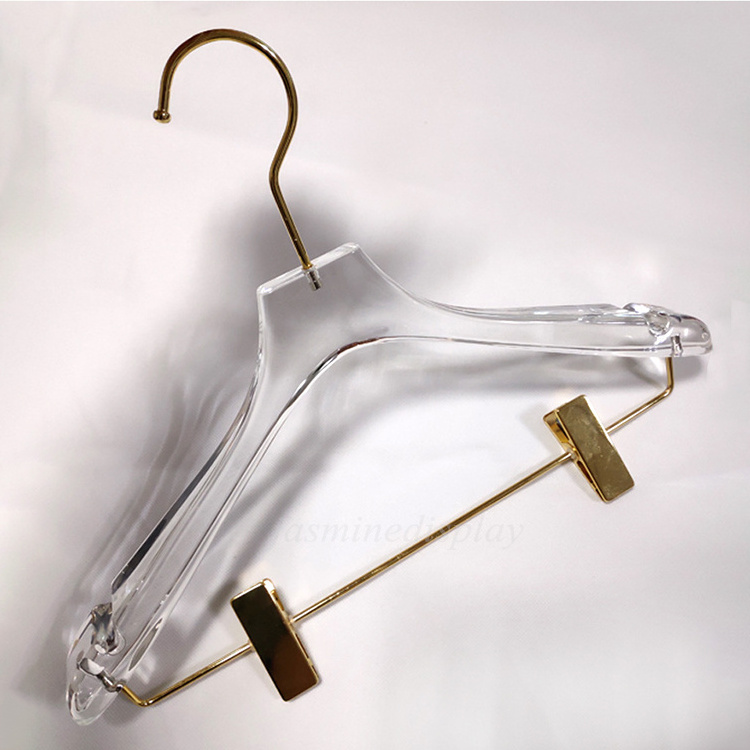 Custom Logo Clothes transparent Non Slip Clips Coat Hanger Solid Luxury custom coat acrylic Hanger with Gold Hooks