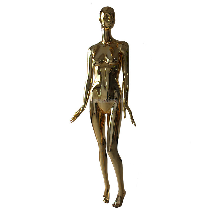 Displaying ladies dummy rose gold or gold full body chrome female mannequin