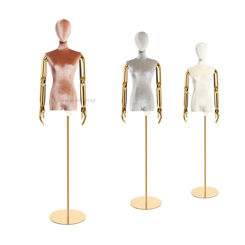 Female Dress Form Pink Velvet Mannequin Body with Metal Stand Detachable Dummy for Retail Clothing Shops