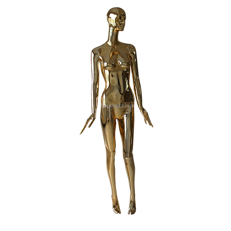 Displaying ladies dummy rose gold or gold full body chrome female mannequin