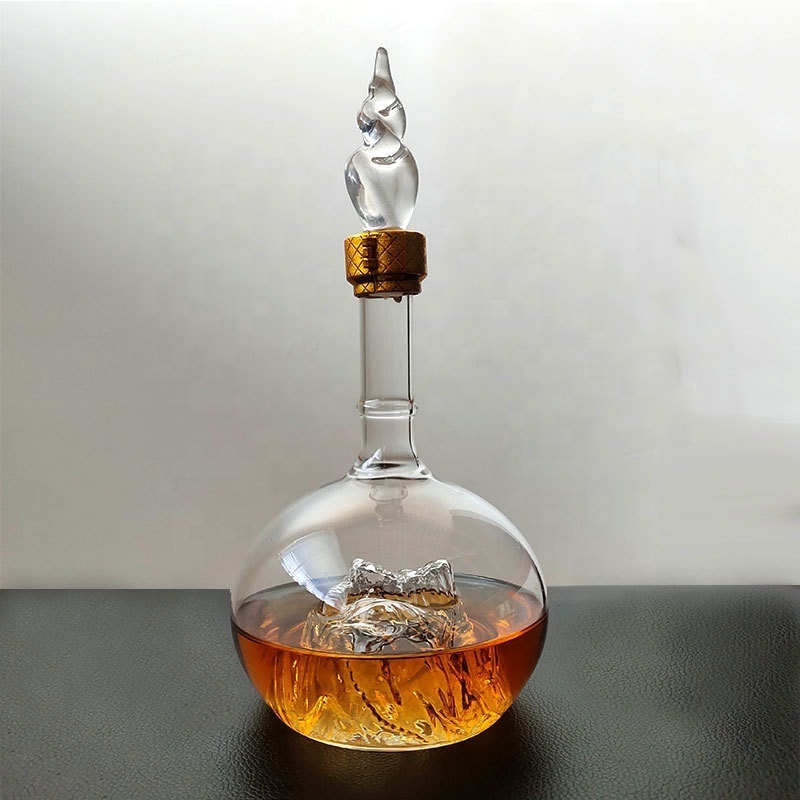 Creative empty spirit bottle built-in Mountain Shaped  Double Wall glass Alcoholic Bottle  Wholesale 500ml Liquor Bottle