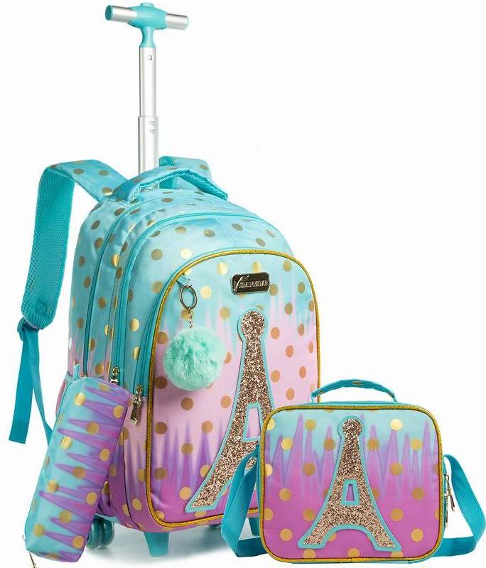 Jasminestar Wholesale Eiffel Tower Sequins Four Wheel 3 Piece Set Children Kids Trolley School Bag Backpack With Lunch and Pencil Bag