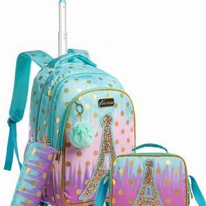 Jasminestar Wholesale Eiffel Tower Sequins Four Wheel 3 Piece Set Children Kids Trolley School Bag Backpack With Lunch and Pencil Bag