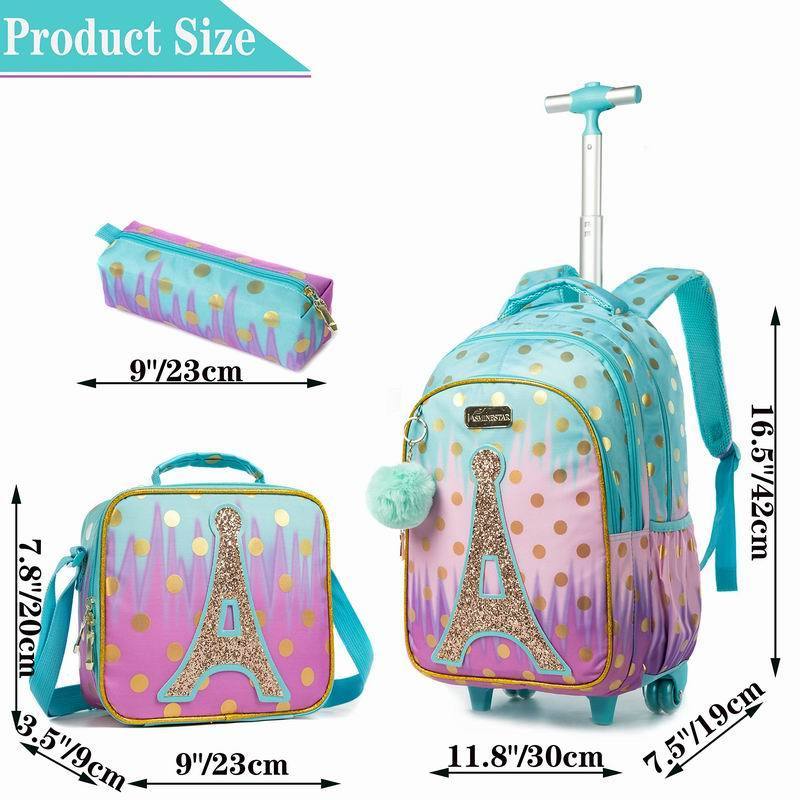 Jasminestar Wholesale Eiffel Tower Sequins Four Wheel 3 Piece Set Children Kids Trolley School Bag Backpack With Lunch and Pencil Bag