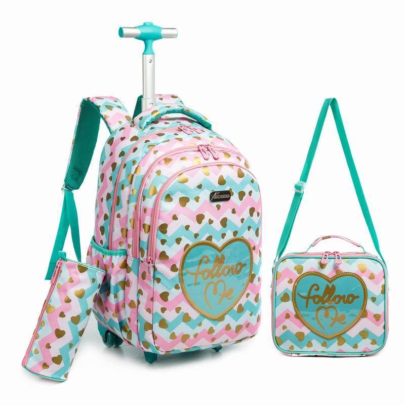 Jasminestar Wholesale Eiffel Tower Sequins Four Wheel 3 Piece Set Children Kids Trolley School Bag Backpack With Lunch and Pencil Bag