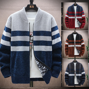 Mens Spring Autumn Fuzzy Casual Striped Varsity Jacket Stand Collar Knitwear Cardigan