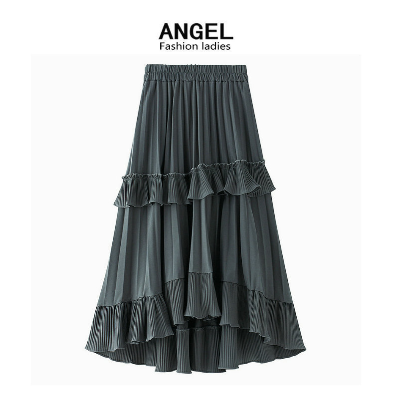 Woman A Line Spring Autumn New Design High Low Hem Pleated Ruffle Asymmetrical Midi Tiered Skirt