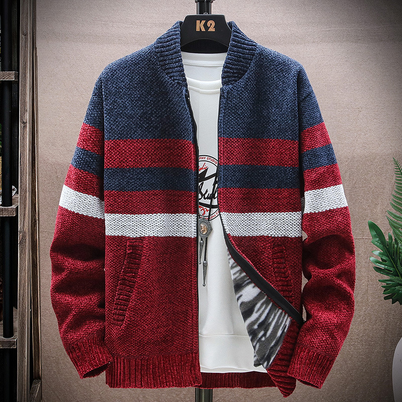 Mens Spring Autumn Fuzzy Casual Striped Varsity Jacket Stand Collar Knitwear Cardigan