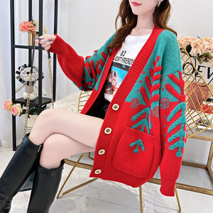 Women Casual Christmas Pattern Cardigan Loose Long Sleeve Drop Shoulder Oversized Towel Embroidery Thick Gauge Cardigan