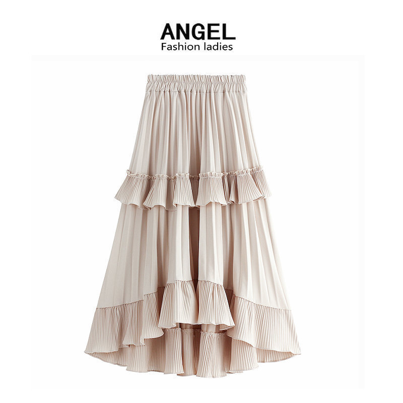 Woman A Line Spring Autumn New Design High Low Hem Pleated Ruffle Asymmetrical Midi Tiered Skirt