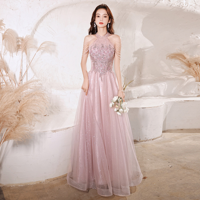 2022 New Design Fancy Elegant Birthday Party Bridesmaid Champagne Summer Tulle Fairy Princessy Sequined Long Evening Dresses