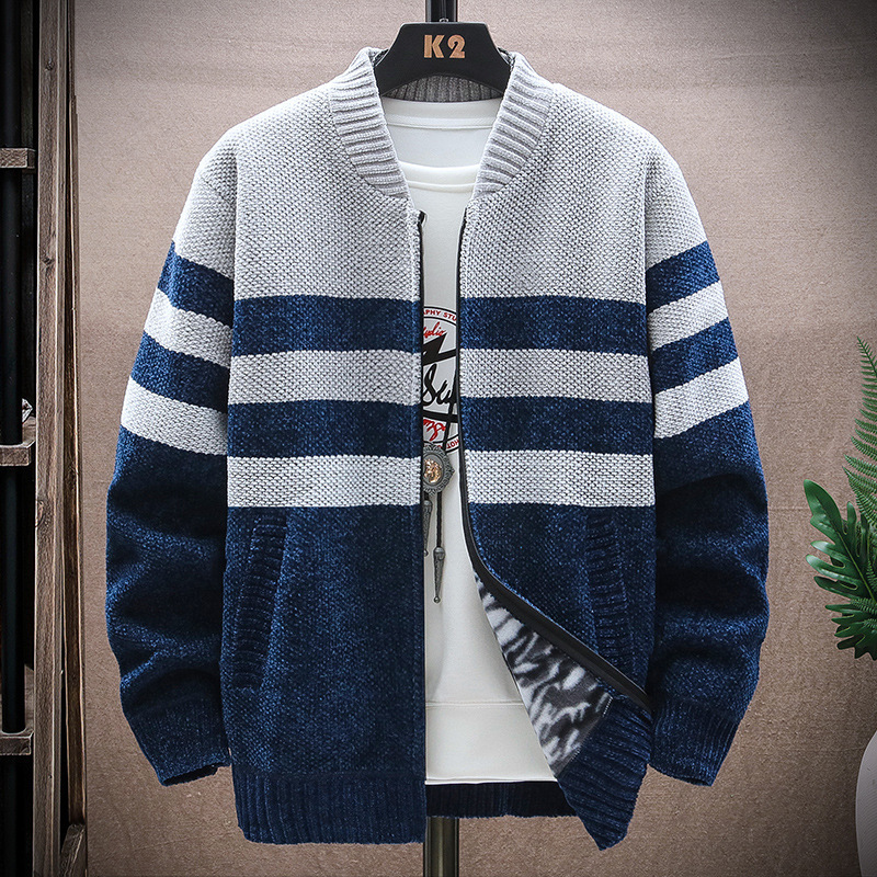 Mens Spring Autumn Fuzzy Casual Striped Varsity Jacket Stand Collar Knitwear Cardigan