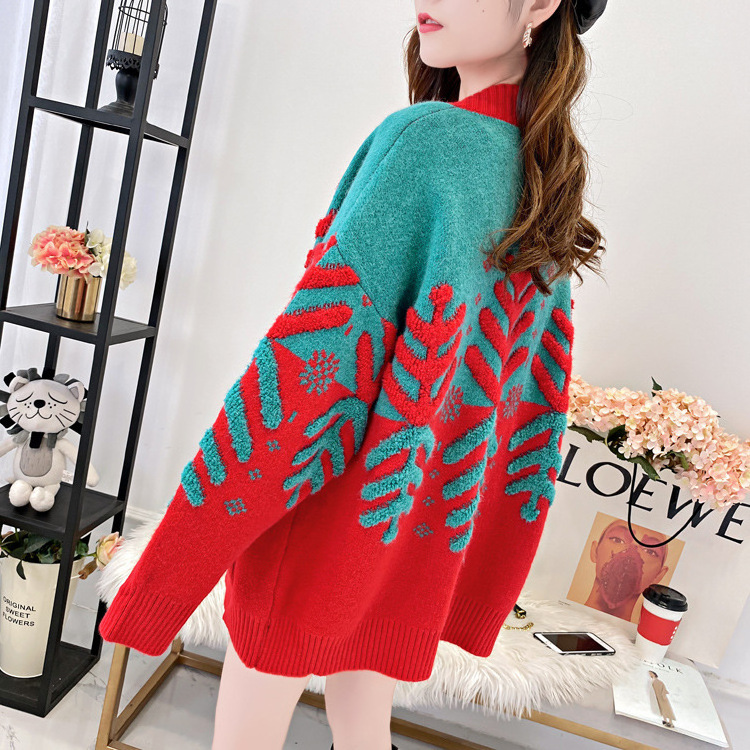 Women Casual Christmas Pattern Cardigan Loose Long Sleeve Drop Shoulder Oversized Towel Embroidery Thick Gauge Cardigan