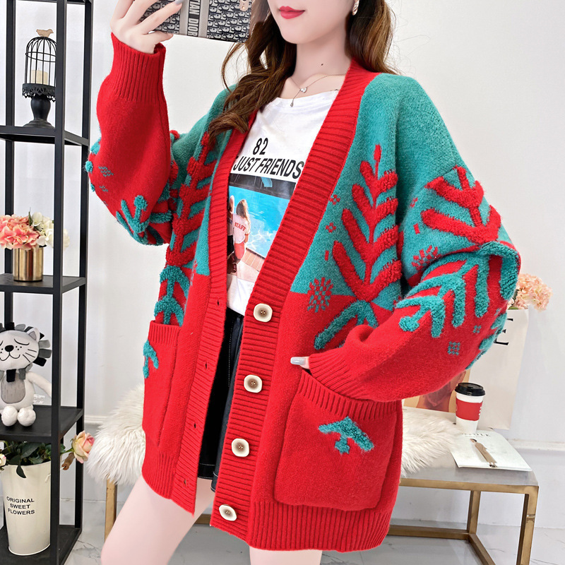 Women Casual Christmas Pattern Cardigan Loose Long Sleeve Drop Shoulder Oversized Towel Embroidery Thick Gauge Cardigan