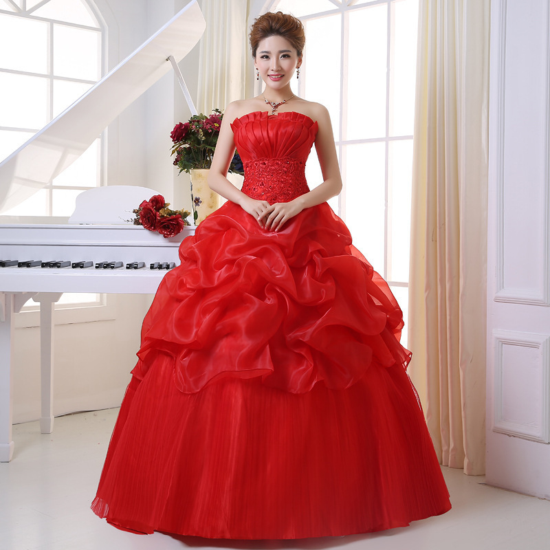 Frilled Pleats Strapless Off Shoulder Ruched Backless Sequin Bridal Floor Length Dressing Ball Gowns Plus Size Wedding Dress