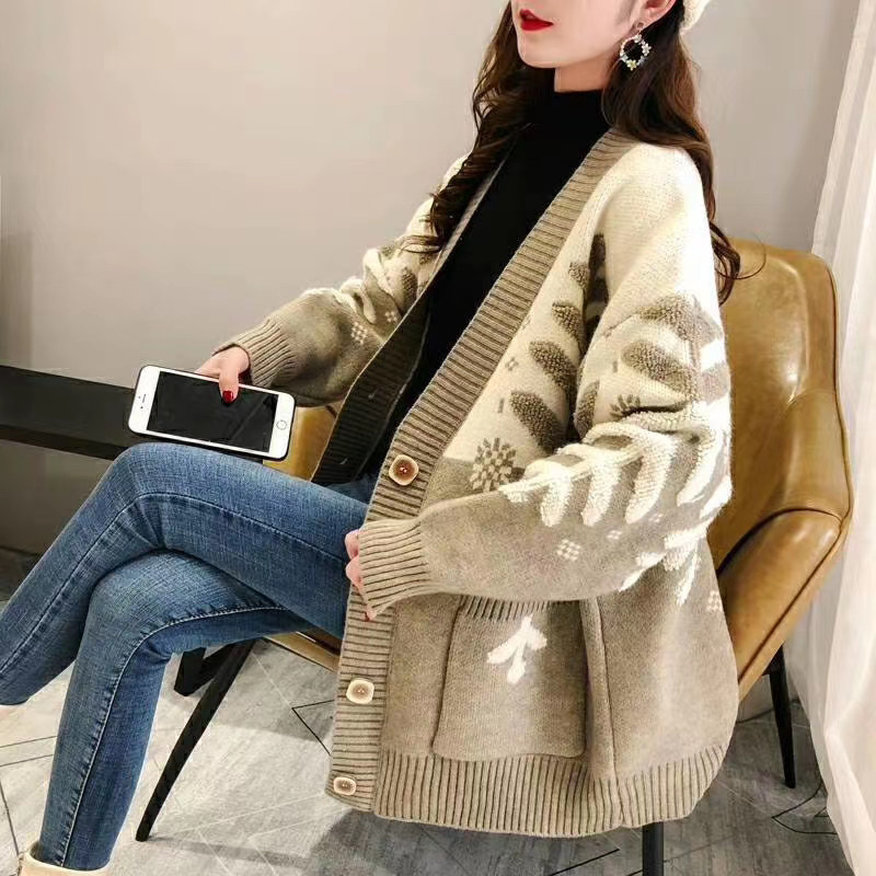 Women Casual Christmas Pattern Cardigan Loose Long Sleeve Drop Shoulder Oversized Towel Embroidery Thick Gauge Cardigan