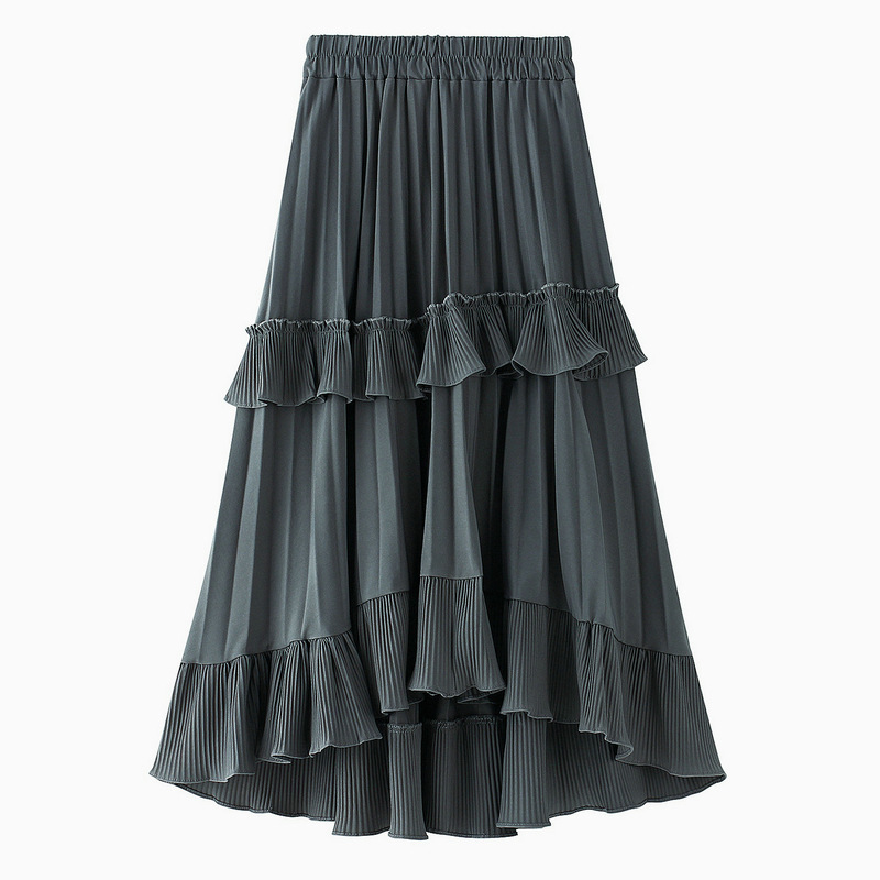 Woman A Line Spring Autumn New Design High Low Hem Pleated Ruffle Asymmetrical Midi Tiered Skirt