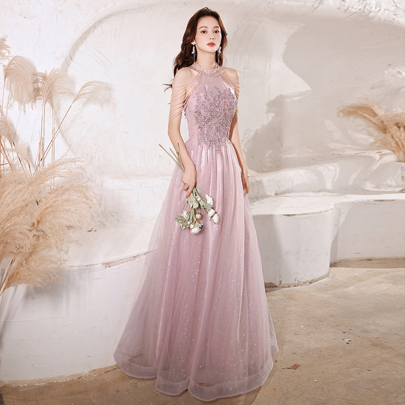 2022 New Design Fancy Elegant Birthday Party Bridesmaid Champagne Summer Tulle Fairy Princessy Sequined Long Evening Dresses