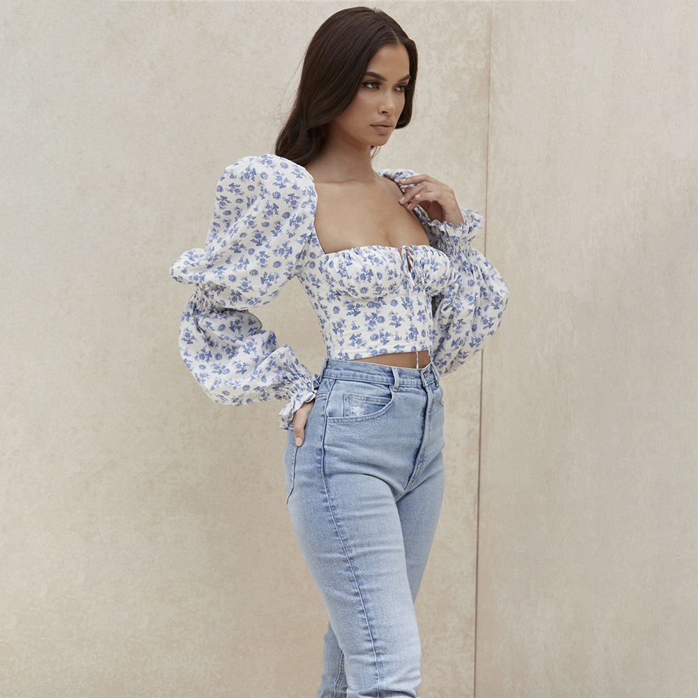 Long Puff Sleeve Square Neck Ruched Cup Strips Floral Chiffon Corset Crop Top Blouse