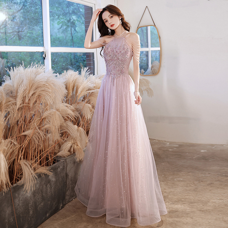 2022 New Design Fancy Elegant Birthday Party Bridesmaid Champagne Summer Tulle Fairy Princessy Sequined Long Evening Dresses